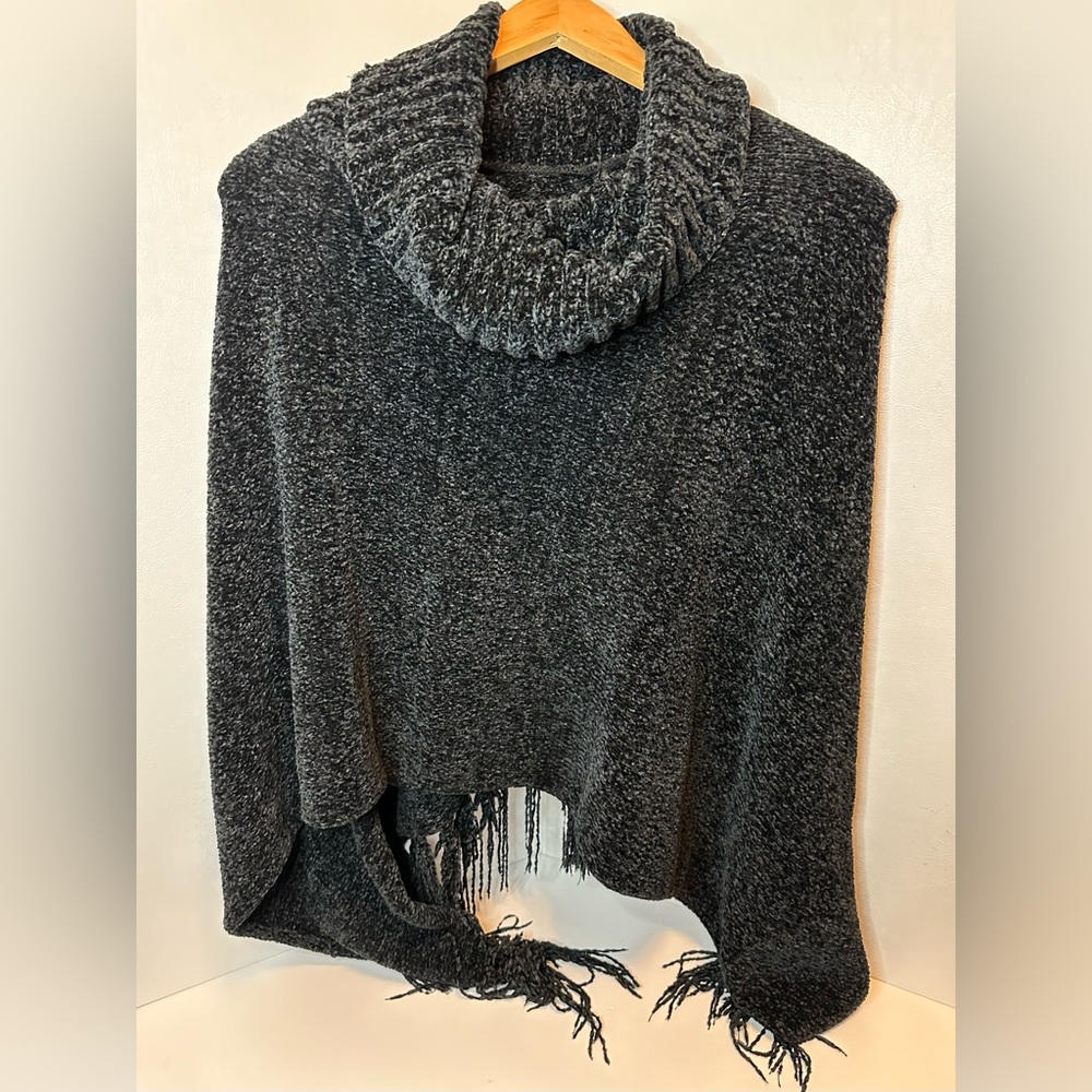 Britt's Knits One Size Black Cowl Neck Poncho Shawl Soft Chenille with Fringe
